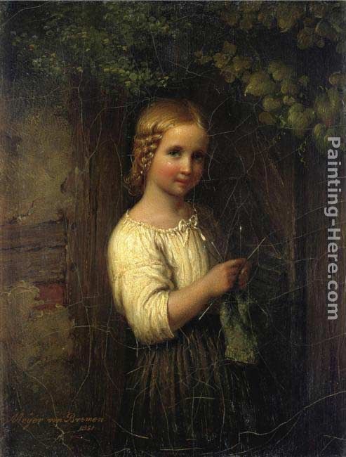 Knitting Girl painting - Johann Georg Meyer von Bremen Knitting Girl art painting